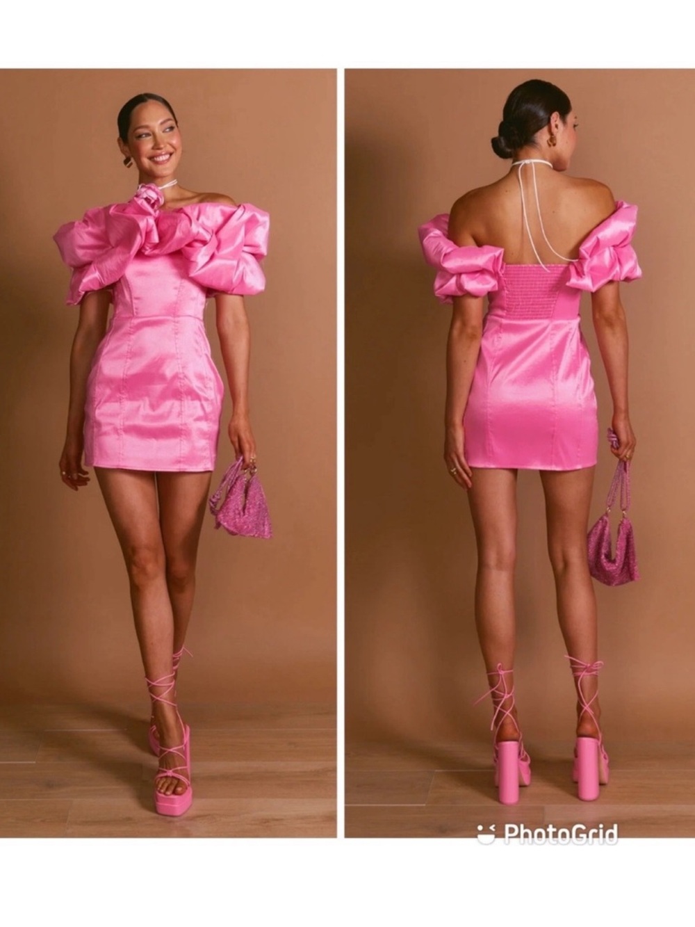 Show me your mumu Pink Puff-Sleeve Satin Mini Dress S